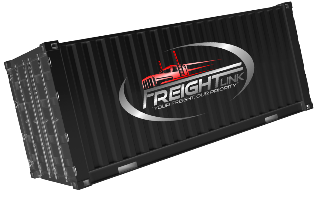 Black shipping container with FreightLink logo
